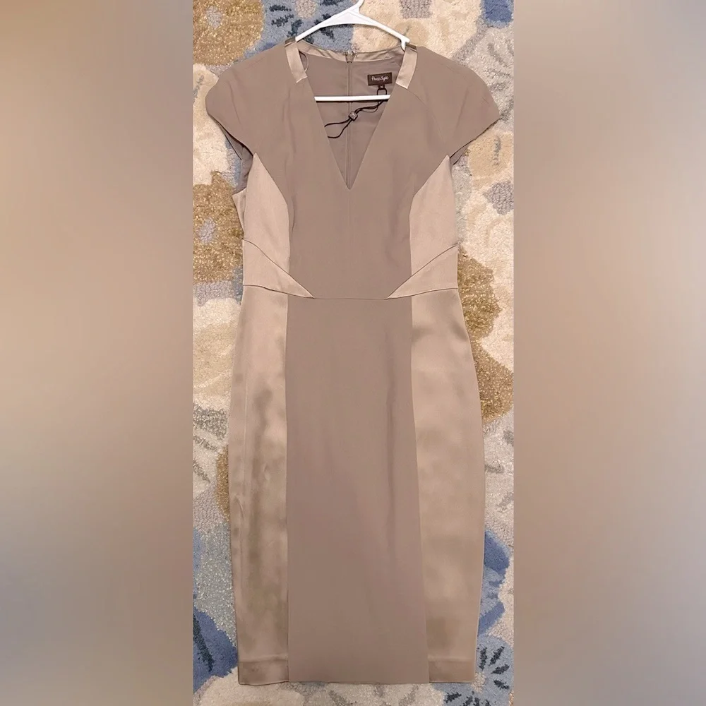 NWOT Phase Eight Two-Tone Satin/Crepe Taupe Structured/Pieced Sheath Dress - Picture 2 of 7